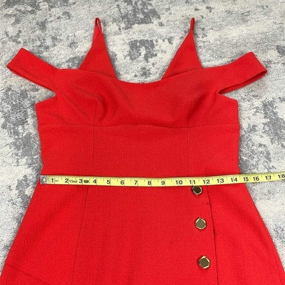 NWT Rebecca Vallance Beltran Midi Dress Button Slit Skirt Off The Shoulder Red 8 - Picture 8 of 14